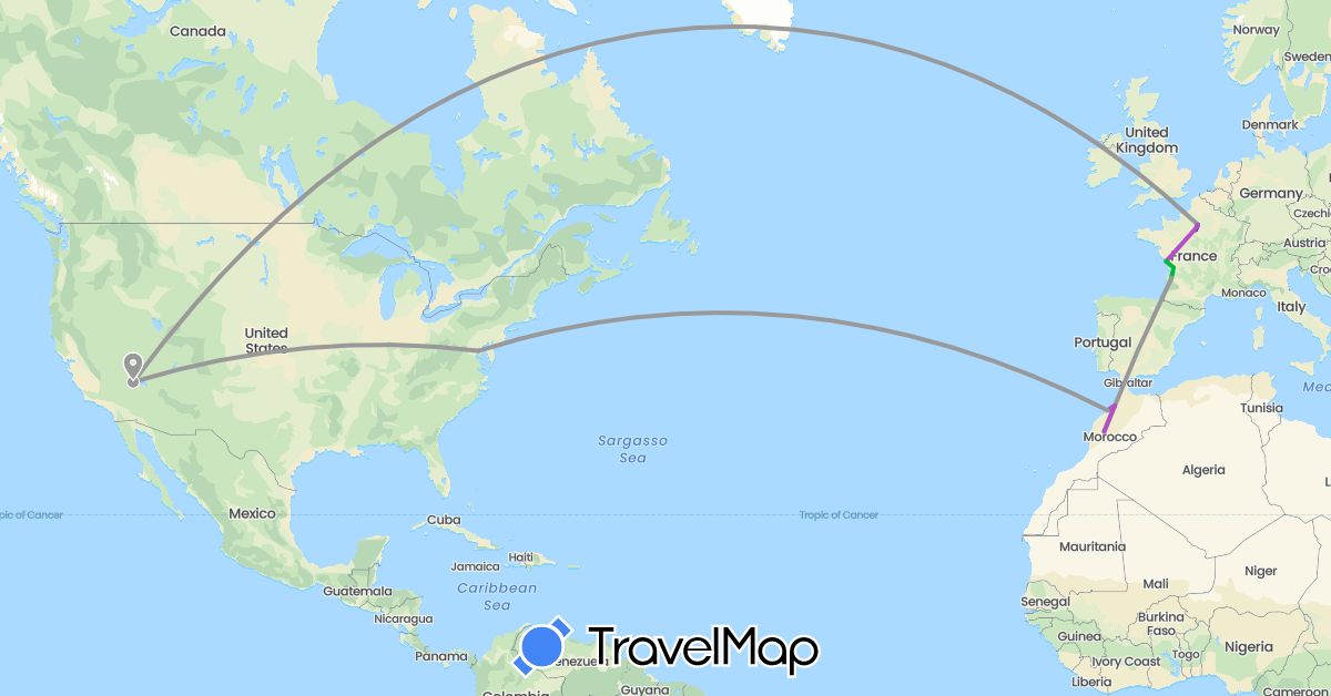 TravelMap itinerary: driving, bus, plane, train in France, Morocco, United States (Africa, Europe, North America)